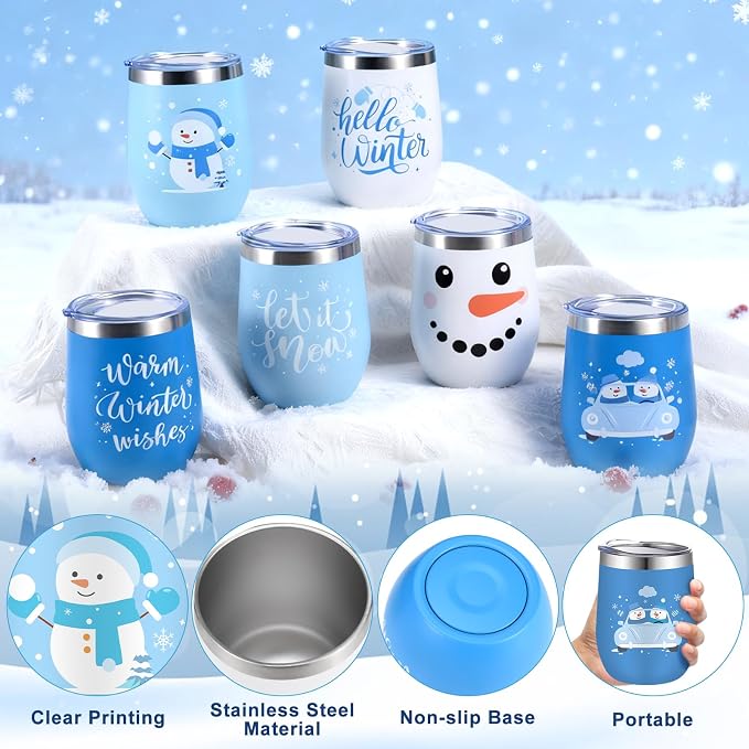 6 Set Christmas Wine Tumbler with Lid and Straw 12 Oz Christmas Stainless Steel Wine Tumbler with Keychains, Winter Snowman Insulated Travel Coffee Mug Xmas Gifts for Women Men Xmas Wedding Party
