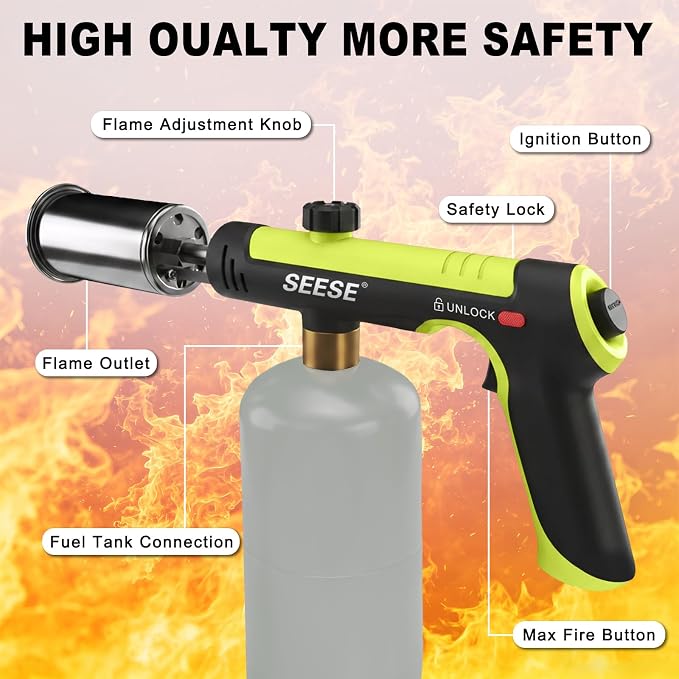 Powerful Propane Torch Gun,Kitchen Cooking Torch With One-Touch Max Fire, Charcoal Lighter with a Safety Lock, Adjustable Blow Torch for Sous Vide, BBQ, Campfire, Fireplace(Tank Not Included)