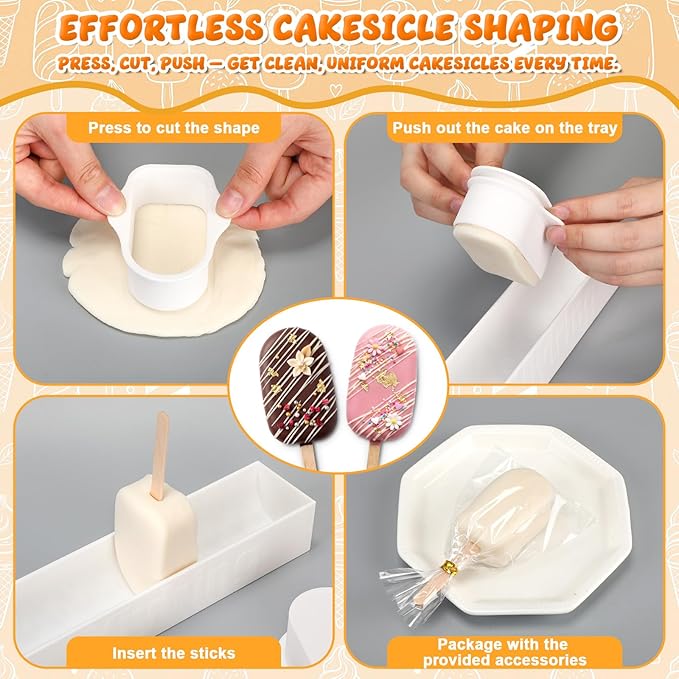 3in Cakesicle Cutter with 9in Tray, Cakesicle Mold Set with 100 Sticks, 100 Bags and 100 Ribbons, Baking Tools for Home Baking, Birthday Parties, Wedding Desserts(White,3.6in,Single Slot)