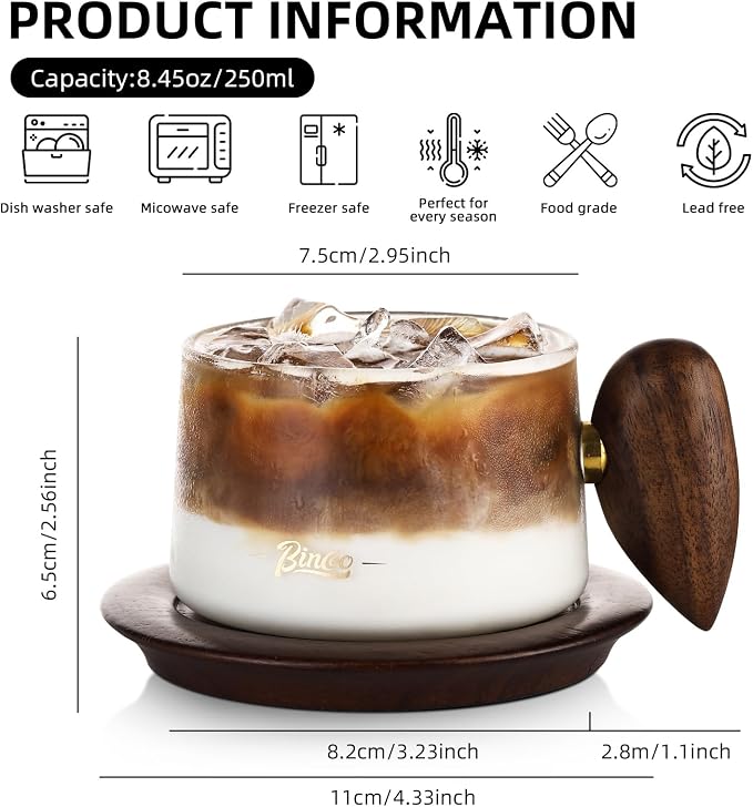 Bincoo Glass Coffee Cups and Saucers Set,250ML Clear Glass Iced Coffee Mug Espresso Cup Tea Cup with Walnut Coaster and Handle