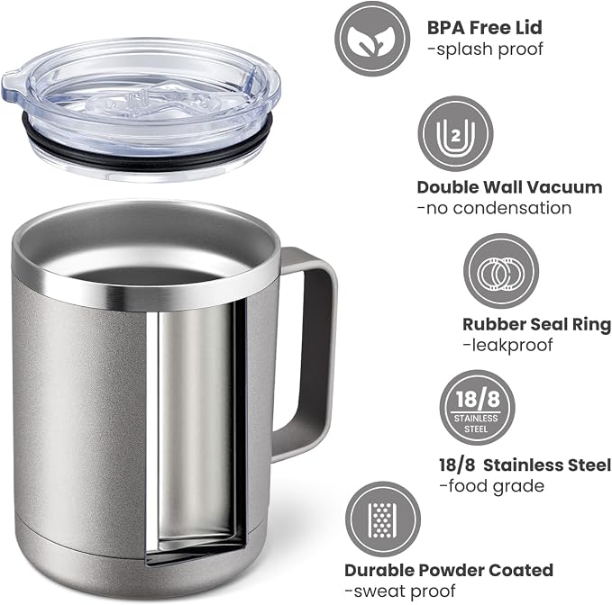 MEWAY 12oz Coffee Mug With Handle 4 Pack Bulk,Stainless Steel Insulated Travel Tumblers With Sliding Lid,Double Wall Vacuum Camping Cup for Hot & Cold Drinks Tea (Cold Grey,Set of 4)