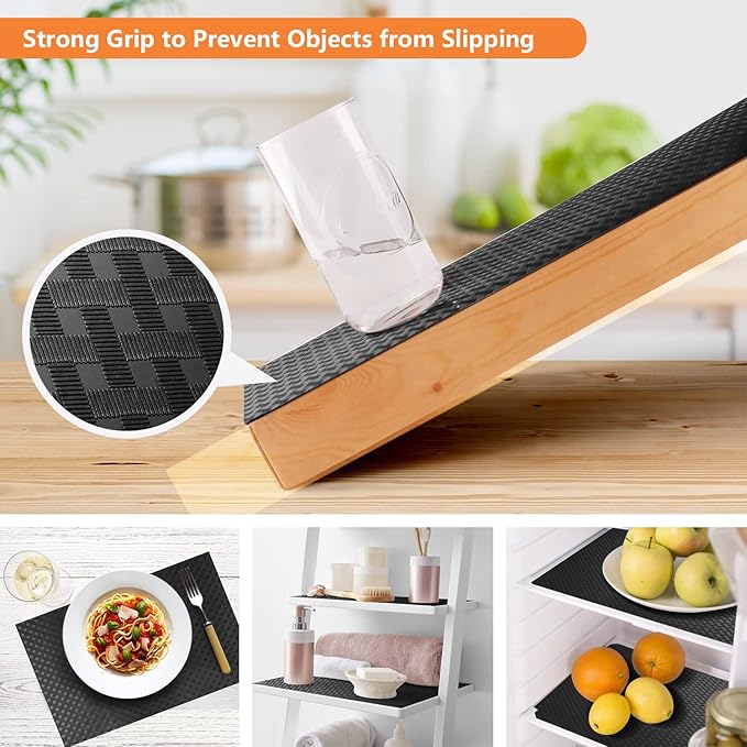 Shelf Liners for Kitchen Cabinets Refrigerator Liners Waterproof & Oil-Proof Kitchen Cupboard Liner Non-Slip Drawer Mats EVA Non Adhesive Fridge Liner for Shelves - Black 17.5 x 78.7 Inch