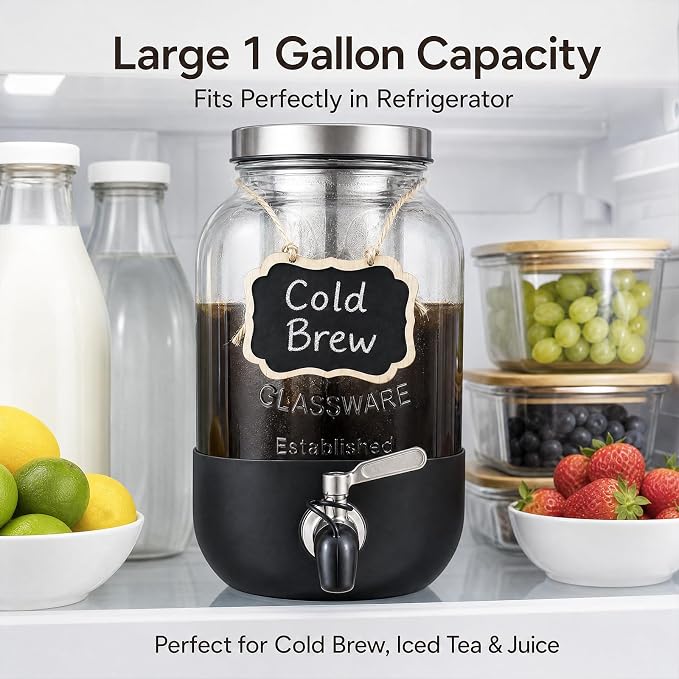 Cold Brew Coffee Maker With, Cold Brew Pitcher,1 Gallon Glass Pitcher With Stainless Steel Filter,304 Stainless Steel Leak-Proof Spigot,100% Leakproof,Large Iced Coffee Maker for Home, Easy to Use