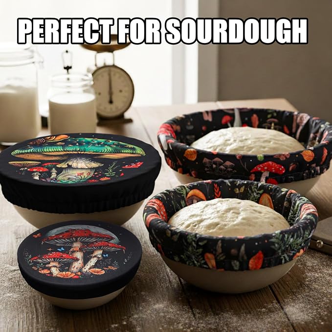 Patelai 10 Pcs Bowl Covers Reusable in 5 Size Stretch Cloth Fabric Elastic Food Storage Bowl Covers Bread Sourdough Lids for Proofing Food Fruits Leftover(Deep Color,Mushroom Style)