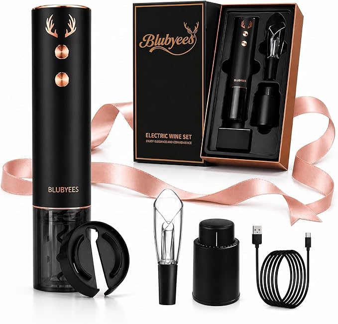BLUBYEES 4-in-1 Rechargeable Electric Wine Opener Set - Automatic Corkscrew, Foil Cutter, Aerator Pourer, Vacuum Stopper - Wine Lovers Gifts for Women and Men
