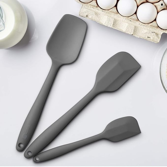 Silicone Spatula 3‑Piece Set Heat Resistant 600°F Non‑Stick Rubber Spatulas with Stainless Steel Core ALLWIN HOUSEWARE Large Spatula, Spoonula & Mini Spatula for Cooking & Baking, Grey