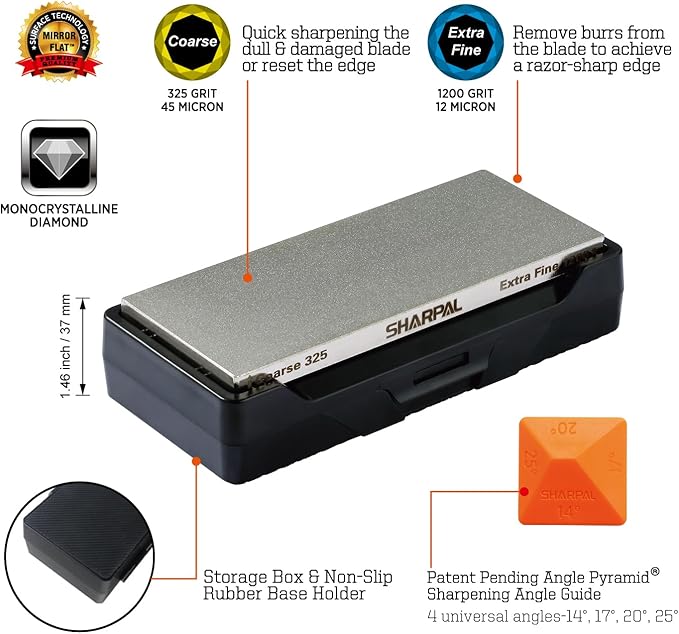 SHARPAL 156N Double-sided Diamond Sharpening Stone, 6 in. x 2.5 in. | Coarse 325 / Extra Fine 1200 Grit, Storage Case with NonSlip Base, Angle Guide, Knife Sharpener