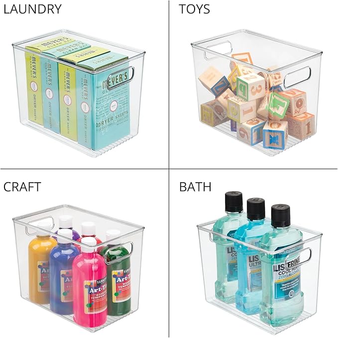mDesign Plastic Deep Kitchen and Pantry Organizer Storage Bin with Handles for Cabinet, Fridge, Freezer - Food Storage Containers for Snacks, Yogurt Pouches or Fruit, Ligne Collection, 4 Pack, Clear