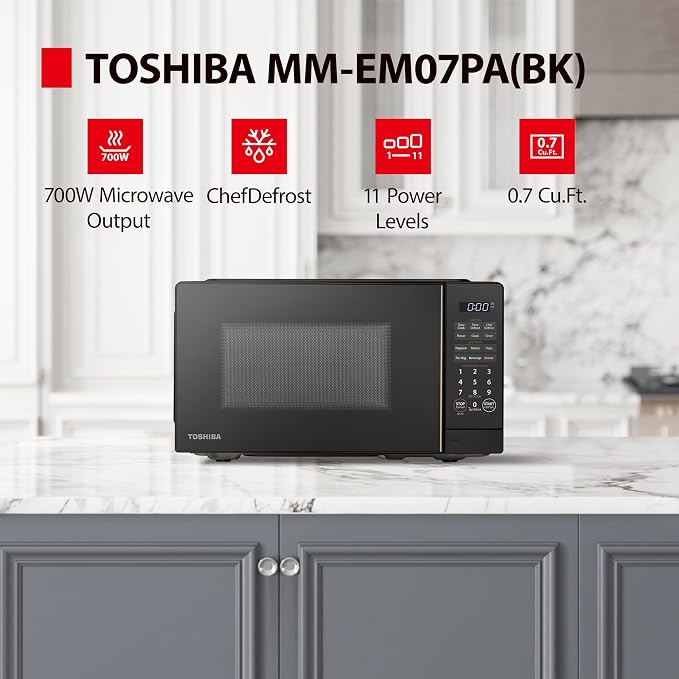 TOSHIBA Small Microwave Oven with 11 Power Levels, ChefDefrost, Sound On/Off & Eco Mode, 0.7 Cu Ft, 700W, Black, MM-EM07PA(BK)