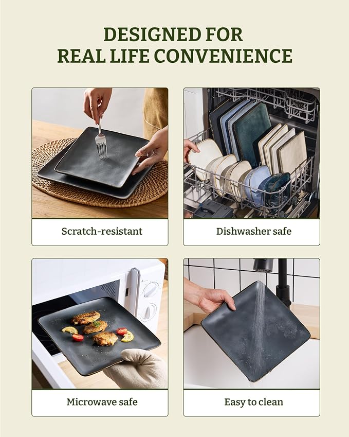 Famiware Dinnerware Sets for 4, Ocean Square 12-Piece Kitchen Plates and Bowls Sets, Microwave and Dishwasher Safe, Scratch Resistant, Matte Dark Charcoal
