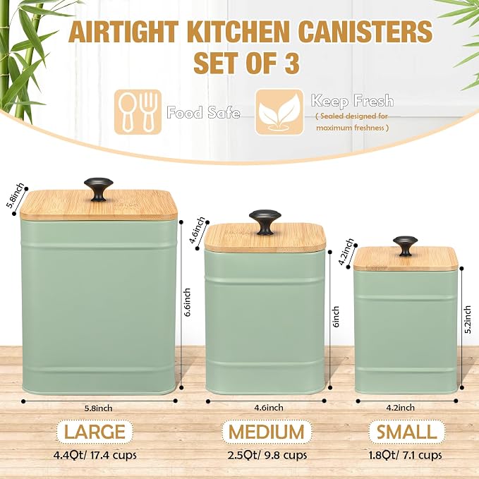Tioncy Kitchen Canisters for Countertop Set of 3 Metal Canisters Sets with Bamboo Lids Spoon Airtight High Capacity Coffee Tea Sugar Flour Jars with DIY Labels Farmhouse Food Storage(Green,L,M,S)