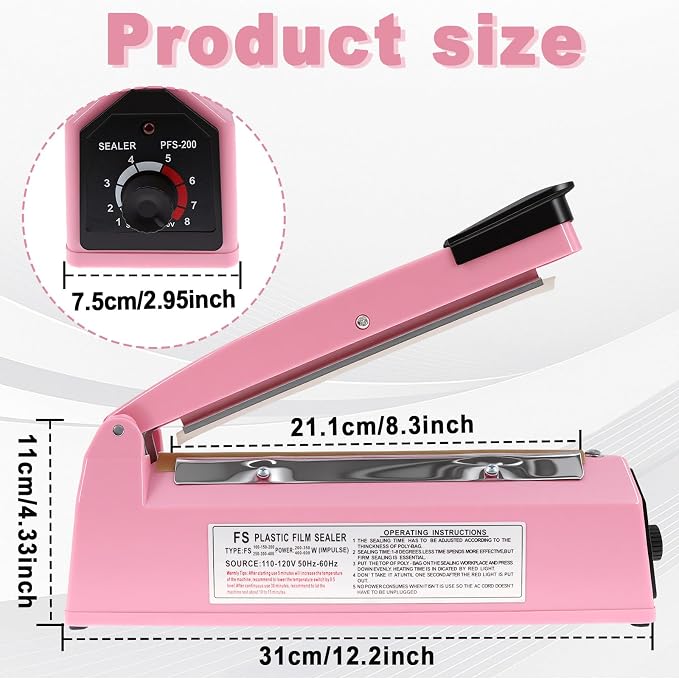 8 Inch Impulse Sealer, Manual Heat Sealer Machine for Mylar Bags, Shrink Wrap Bag Sealers Sealing Machine for Plastic PE PP Bags with 3 Free Replacements Kit Element Grip, Pink