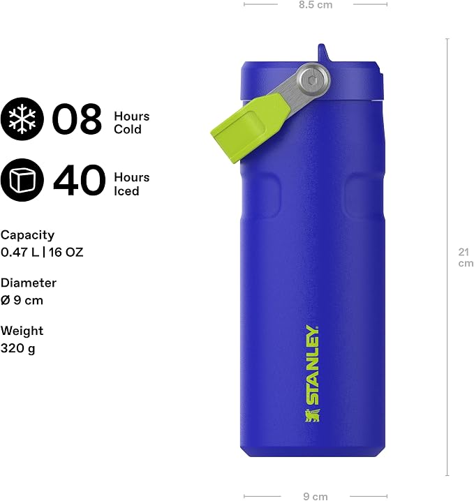 Stanley 1913 Flip Straw Drinking Bottle 0.47 L Cobalt Chartreuse | Cools for 8 hours. - 40 hours. ice-cooled, leak-proof, BPA-free, dishwasher-safe