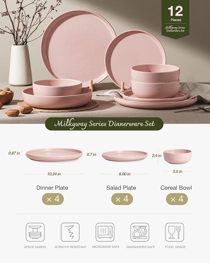 Famiware Milkyway Plates and Bowls Sets, 12 Pieces Dinnerware Sets, Reactive Glaze Dish Set, Stoneware Dishes Set for 4, Light Pink