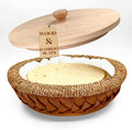 Rattan Weaving Tortilla Warmer Basket with Wooden Cover, 9.6" x 3.15" Natural Tortilla Holder with Cotton Liner, Handmade Basket for Tortillas, Roti, Pancake & Flatbread (Classic Brown)