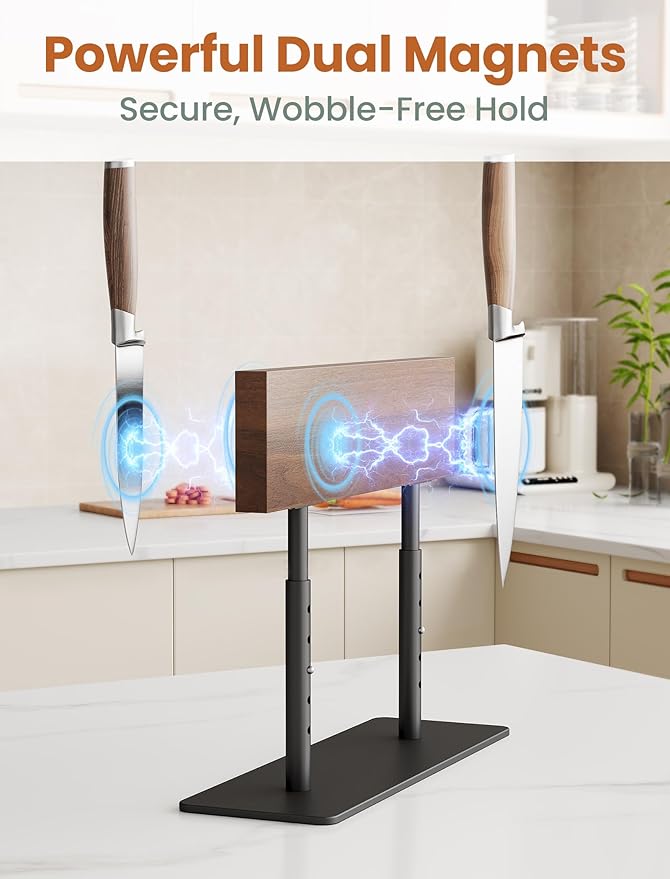 NiHome Acacia Wood Knife Block, Adjustable Height Magnetic Stand (8.66–11.81 in), Double-Sided Knife Storage, Thick Metal Base with Non-Slip Pads for Kitchen Counter