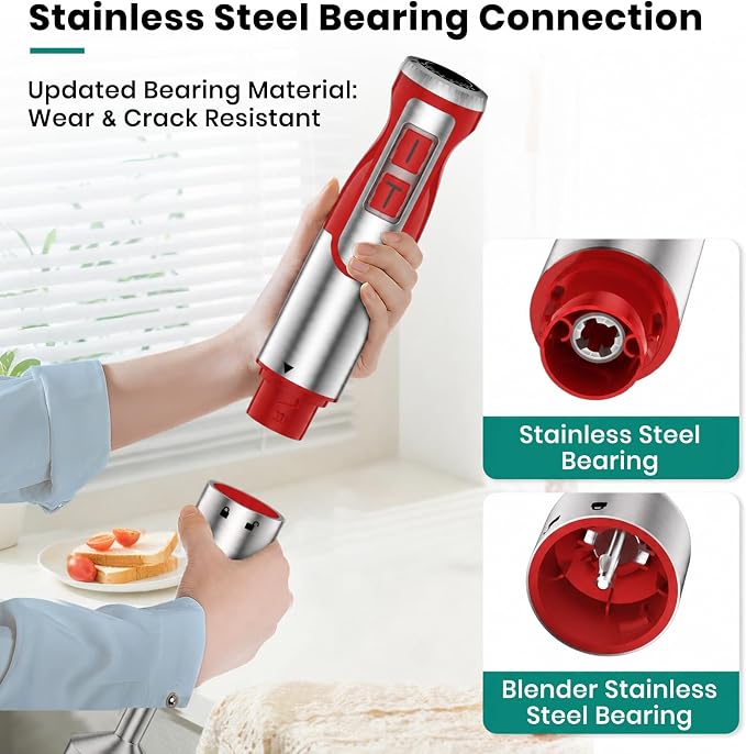 Colarlemo 1800W Immersion Blender Handheld 4-in-1 Hand Blender Stick for Ice Crushing Smoothie, Baby Food, Soup, 8 Speed Hand Mixer Turbo Boost Stainless Steel Blade with Whisk, Chopper, Beaker (Red)