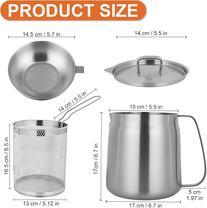 119oz Stainless Steel Deep Fryer Pot with Basket and Oil Strainer, Multifunctional Deep Frying, Small Stove Top deep fry for Kitchen and Camping, Steel Pour Pot for French Fries, Chicken (3.5L)