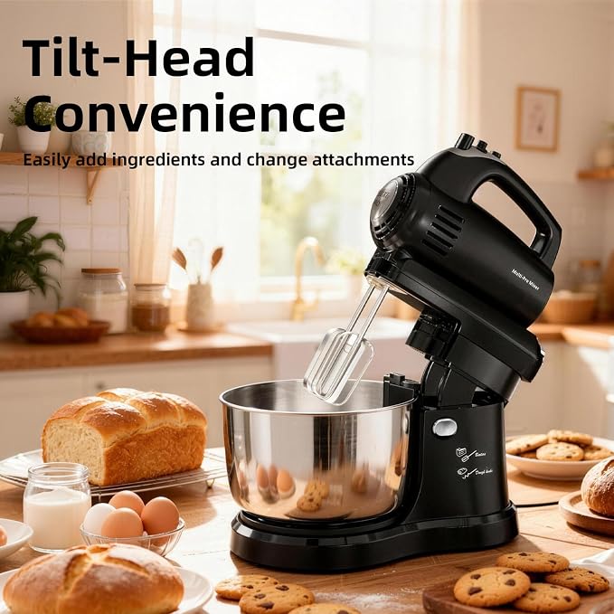 3.2QT 2-in-1 Stand Mixer, Electric Kitchen Mixer with Auto-Rotating Bowl & Tilt-Head, 5-Speed 250W Turbo Baking Machine for Beginners with Beater & Dough Hook for Cookie, Bread, Cake (Black)