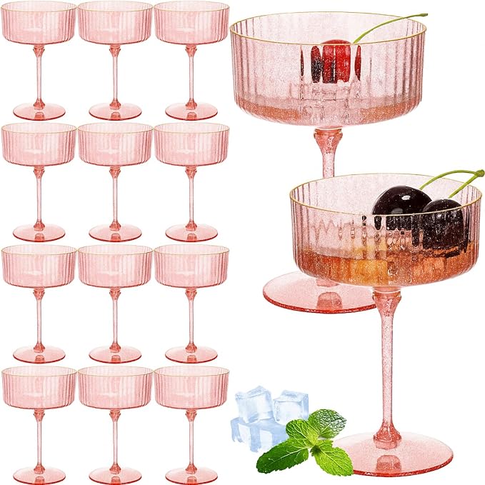 Jingmore 12 Pcs Ribbed Martini Glasses 10 oz Disposable Plastic Vintage Ribbed Coupe Glasses with Gold Rim Glitter Cocktail Unbreakable Dessert Parfait Glassware for Wedding Party Supplies (Pink)