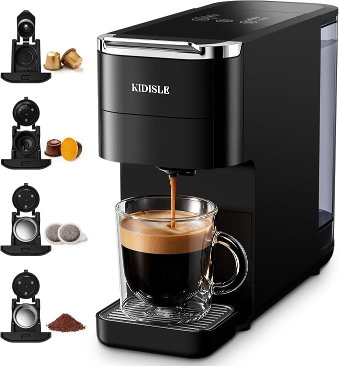 KIDISLE 20 Bar Espresso Machine, Compatible with Nespresso Original & Dolce Gusto Capsules, Ground Coffee & ESE Pods, 47.3oz Tank, One-Touch Boil, Smart Controls, Drip Tray & Storage