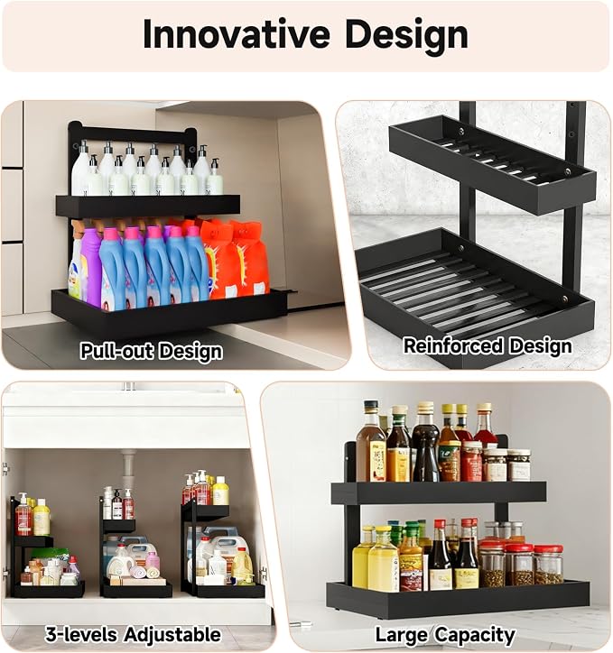 Bamboo Undersink Organizer Storage - 2-Tier Cabinet Shelf with Adjustable Levels, Under Sink Storage Slide Out for Cabinet Pantry Kitchen Bathroom (Black)