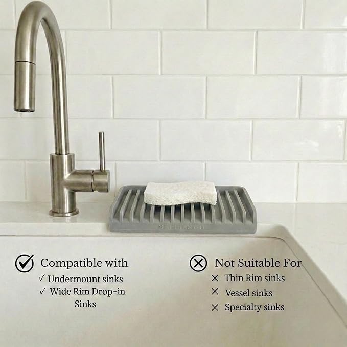 Effilogic Silicone Sponge Holder – Self-Draining Sink Organizer- Faucet Mat for Kitchen - Countertop Protector - Large Grey
