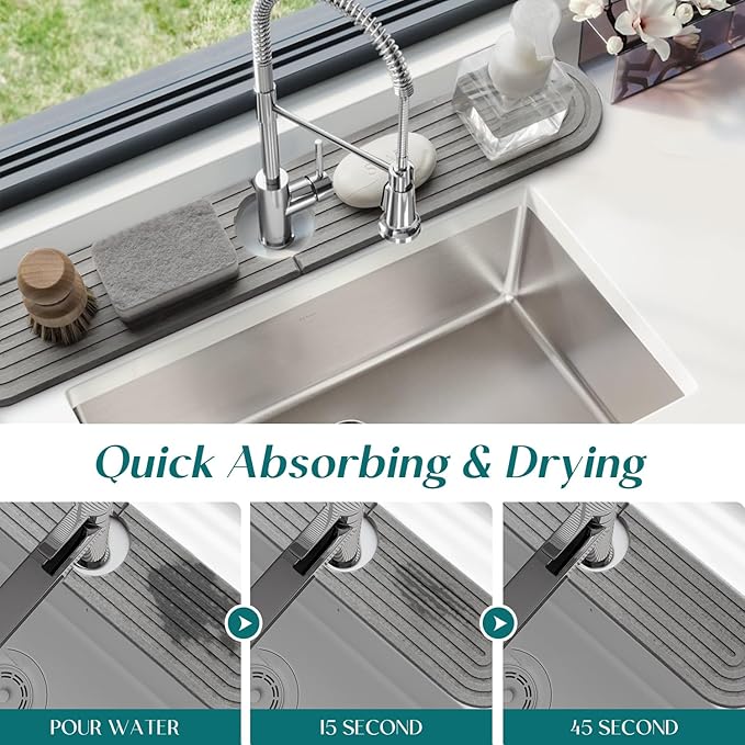 eormoe Kitchen Faucet Mat - Diatomite Splash Guard for Sink, Quick-Drying Water Absorbing Stone Tray [Grey, 23.6" x 3.9"], Includes Sandpaper