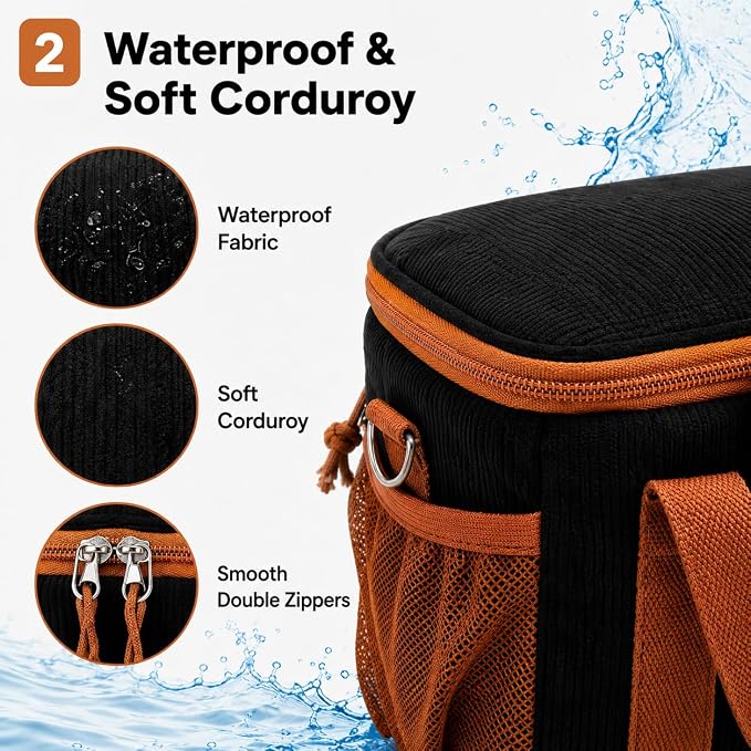 BTOOP Insulated Lunch Box for Women, Cute Corduroy Lunch Bag with Shoulder Strap, Leakproof Wide-Open Lunch Tote for Work, Office, School, Picnic Brown Black