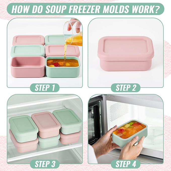 Teenyyou 6 Packs 1 Cup Silicone Soup Freezer Molds with Lid Silicone Soup Freezer Trays Rectangle Reusable Food Preserving Tray Freezing Sauces Stews(Pink, Sage Green)