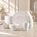 16-Piece Ceramic Dinnerware Set for 4, Athens Palace Relief Dishes and Plates Sets, Includes Mugs, Plates and Bowls, Elegant High-Temperature Reinforced Porcelain, White