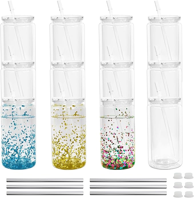 16 oz Plastic Snow Globe Tumbler, Acrylic Snow Globe Cups, Double Wall Clear Plastic Cups with Lids and Straws with Pre Drilled Hole DIY for Iced Coffee Boba Juice Soda 12 Pack