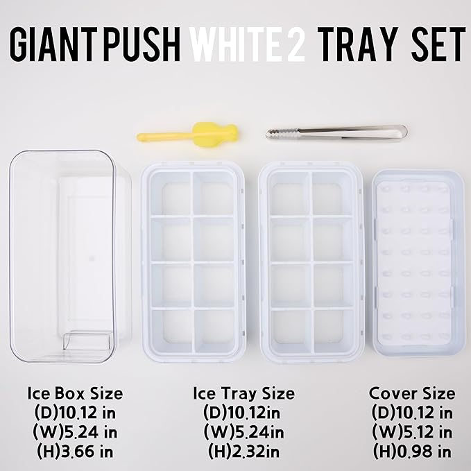 Season 3 GiantPush Silicone Large 2-Inch Ice Cube Tray with Lid, Square Whiskey Ice Mold for Cocktails & Highball, Slow-Melting Ice Maker, Easy Release, BPA Free (WHITE, 2-Tier Set)