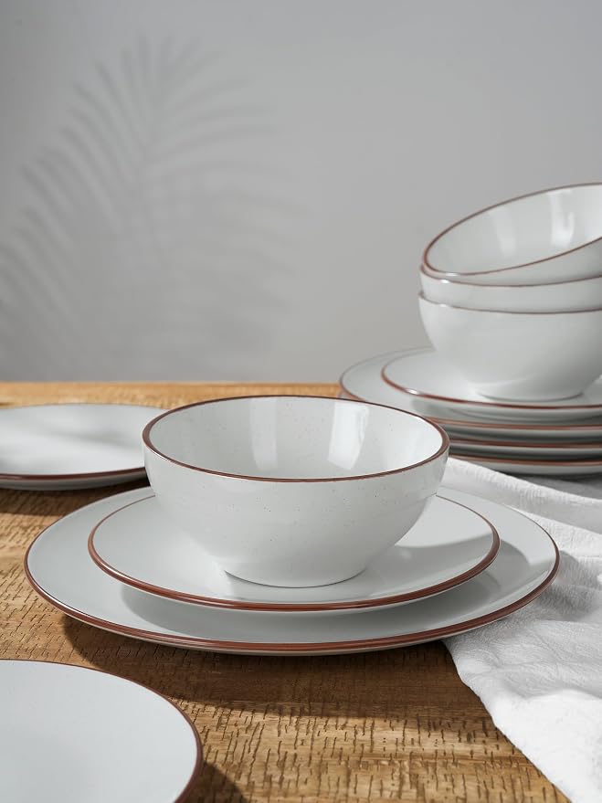 Famiware Venus Stoneware Dinnerware Sets for 4, 12 Piece Plates and Bowls with Rim, Handcrafted Speckled Patterns, Matte White