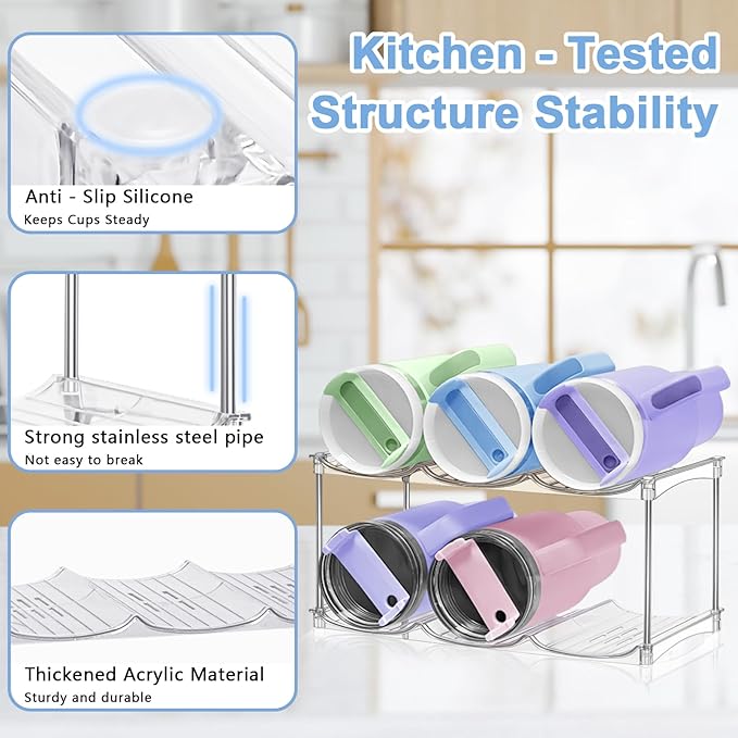 Stackable Water Bottle Organizer - Stanley Cup Holder for Cabinet Large Water Bottle Holder, Kitchen Pantry Organizers and Storage for Stanley Tumbler 40oz, Clear Tumbler Storage Organizer, 2 pack