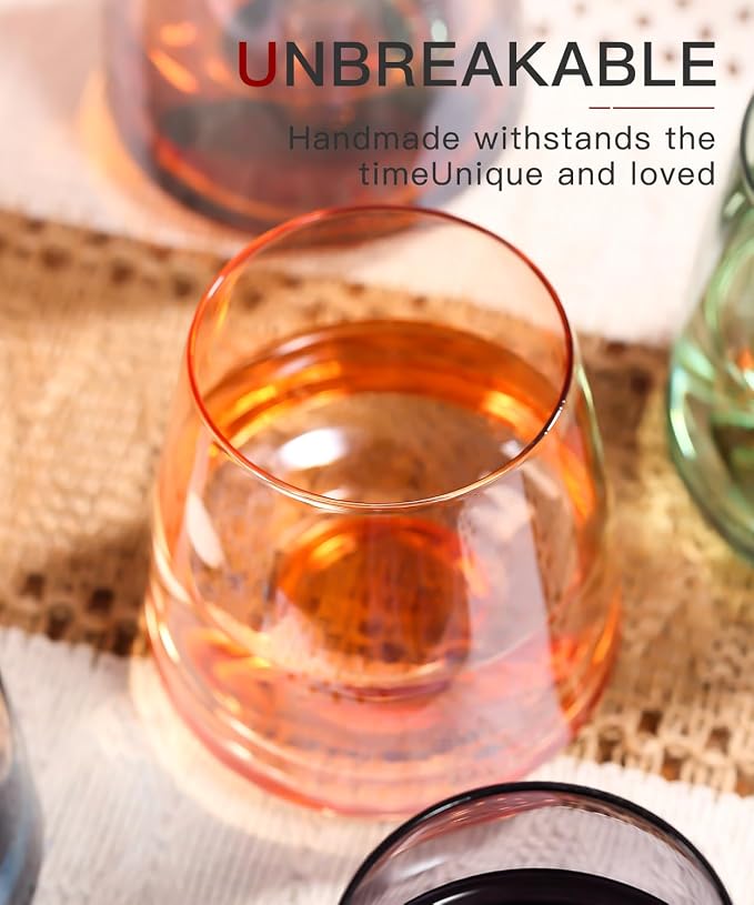 comfit Stemless Colored Wine Glasses Set of 6-15oz Colorful Wine Glasses,Perfect Red Wine Glass Stemware for Wine Lover in Wedding,Engagement Gifts