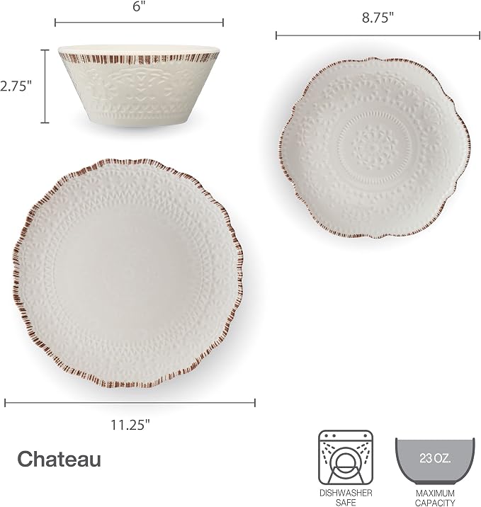 Pfaltzgraff Chateau 12 Piece Outdoor Melamine Dinnerware Set, Service for 4, White