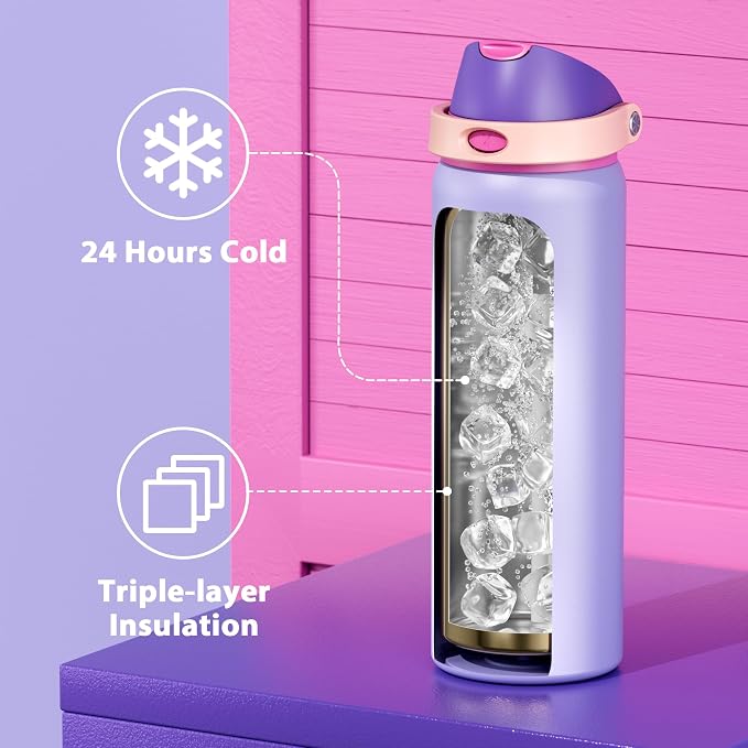32 oz Insulated Water Bottle for Women: Meoky Stainless Steel Metal Water Bottle with 2-in-1 Straw and Spout Lid - Leak Proof, Cold for 24 Hours, Protective Silicone Base, BPA-Free for Sports, Orchid