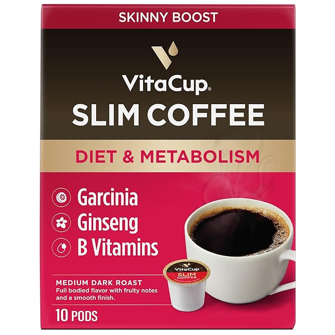 VitaCup Slim Organic Coffee Pods, Diet Support with Ginseng, Garcinia, B Vitamins, Bold Medium Dark Roast, Single Serve Pod, Compatible with Keurig K-Cup Brewers,10 Ct