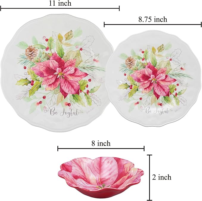 UPware 12 Piece Joyful Holiday Melamine Dinnerware Sets, Outdoor Dishes Set, Plates and Bowls Sets, Christmas Decorations, Service for 4, Red
