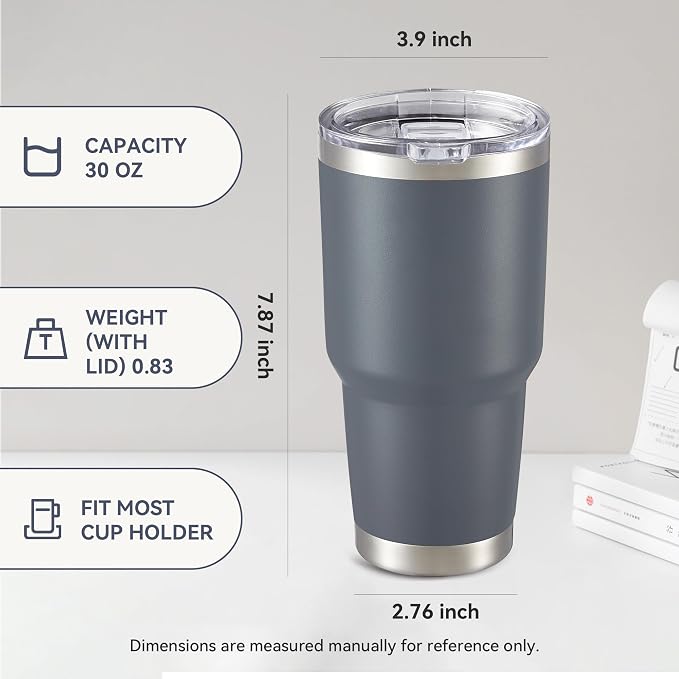 30 oz Tumbler with Lid Stainless Steel Tumblers Bulk Vacuum Insulated Cup Reusable Powder Coated Travel Mug Double Wall Leak Proof Cups Keep Cold Drinks for 12 Hours Grey, Set of 12