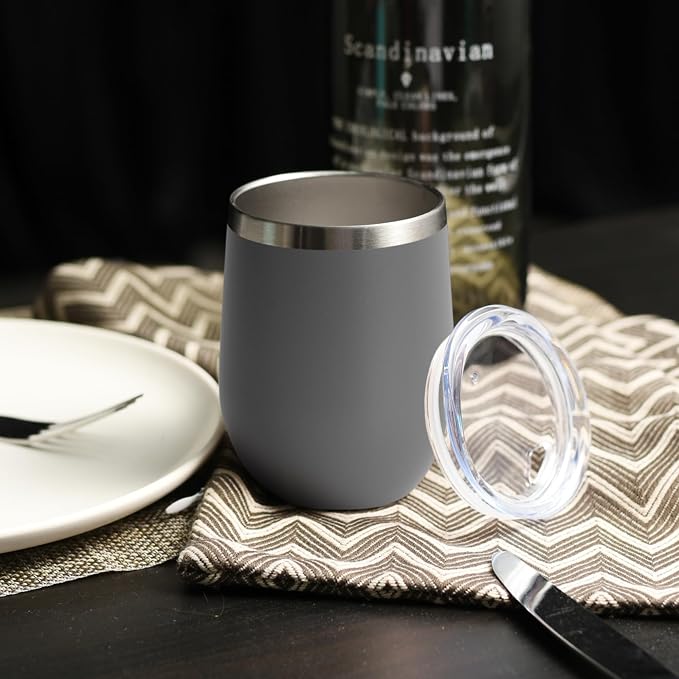 DOMICARE Stainless Steel Wine Tumbler Bulk with Lid, Personalized Insulated Tumblers Set, 12oz Travel Coffee Cups Pack of 4, Gray