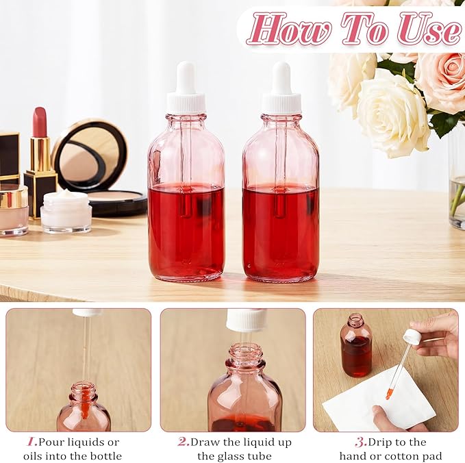 Epakh 50 Pack 4oz Glass Dropper Bottles, Refillable Glass Eye Dropper Bottles with Pipette for Essential Oils, Perfumes, Lab Use, Cuticle Oils, Tinctures, Travel, Home (Pink)