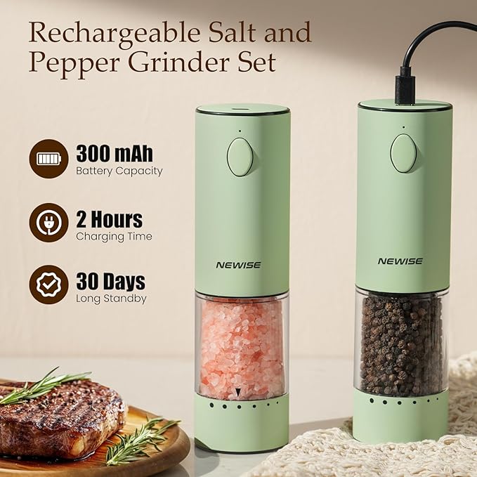 Newise Electric Salt and Pepper Grinder Set Rechargeable with LED Lights, Automatic Pepper & Salt Mill, Adjustable Coarseness, Large Capacity, Green