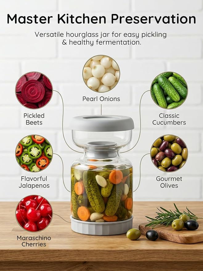 Homnoble Pickle and Olive Hourglass Jar with Strainer Flip for Pickle Juice Separator from Wet and Dry, Upgrade Food-grade ABS Lid and BPA Free Hourglass Jar for Airtight Storage