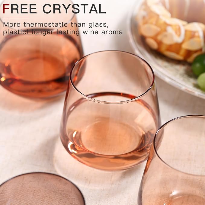 Stemless Wine Glasses Set 6【Hand Blown Colored Wine Glasses Stemless】 15oz Venus Colored Glassware for Wine or Soft Drinks,Unique Wine Gifts for Wedding,Anniversary