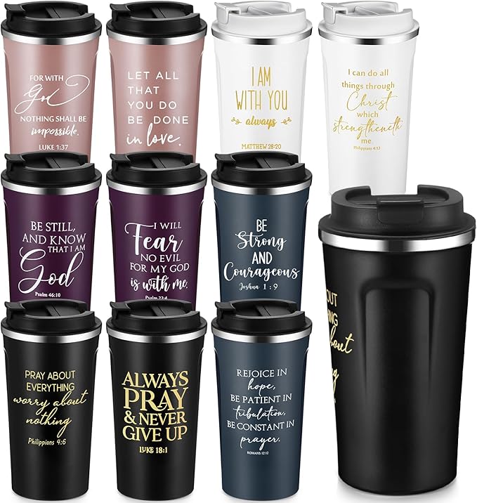 Meanplan 10 Set Christian Gift Bible Verse Tumbler 17oz Coffee Cup Religious Gifts Bulk Christian Tumblers for Women Men Vbs Church Party Favors Sunday School Back to School (Multicolor, Bible Theme)