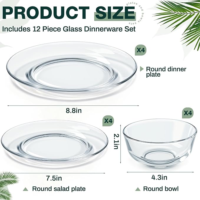 Havawish 12 Pcs Glass Dinnerware Set Sleek Round Clear Glass Plate and Bowl Sets for Dessert, Salad, Fruit, Dishwasher, Microwave Safe Kitchen Dining