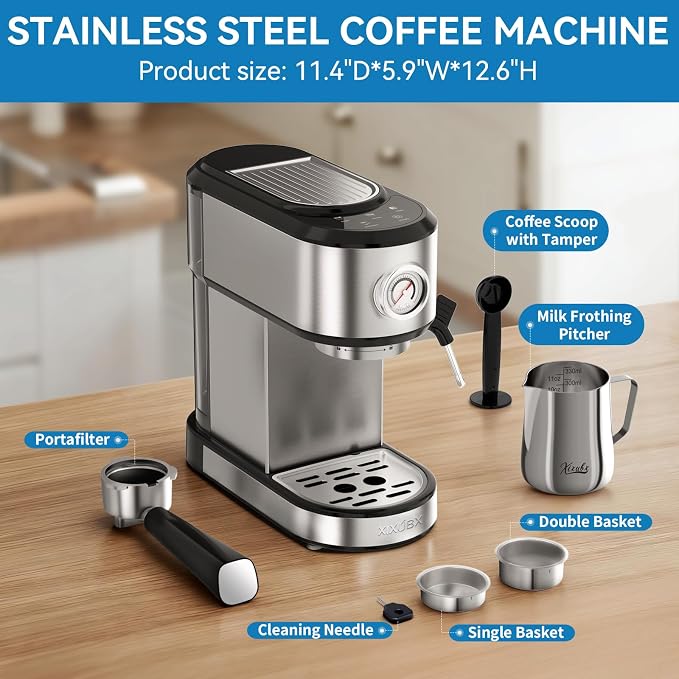 XIXUBX Espresso Machine 20 Bar, Touchscreen Coffee Maker with Milk Frother, Stainless Steel Espresso Maker Compact Latte Cappuccino Machines for Home Office, Silver