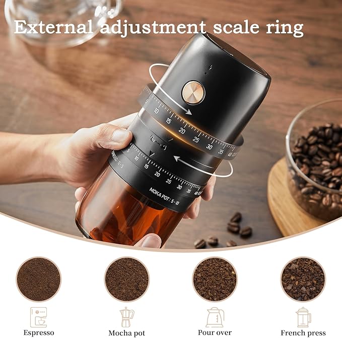 Portable Electric Burr Coffee Grinder by ELMWAY - Rechargeable Mini Coffee Grinder with Stainless Steel Burr & External Coarseness Adjustment, Compact for Travel & Home Use - Black